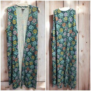 Vintage Multicolor Floral Sleeveless Long Open Cardigan Duster Vest